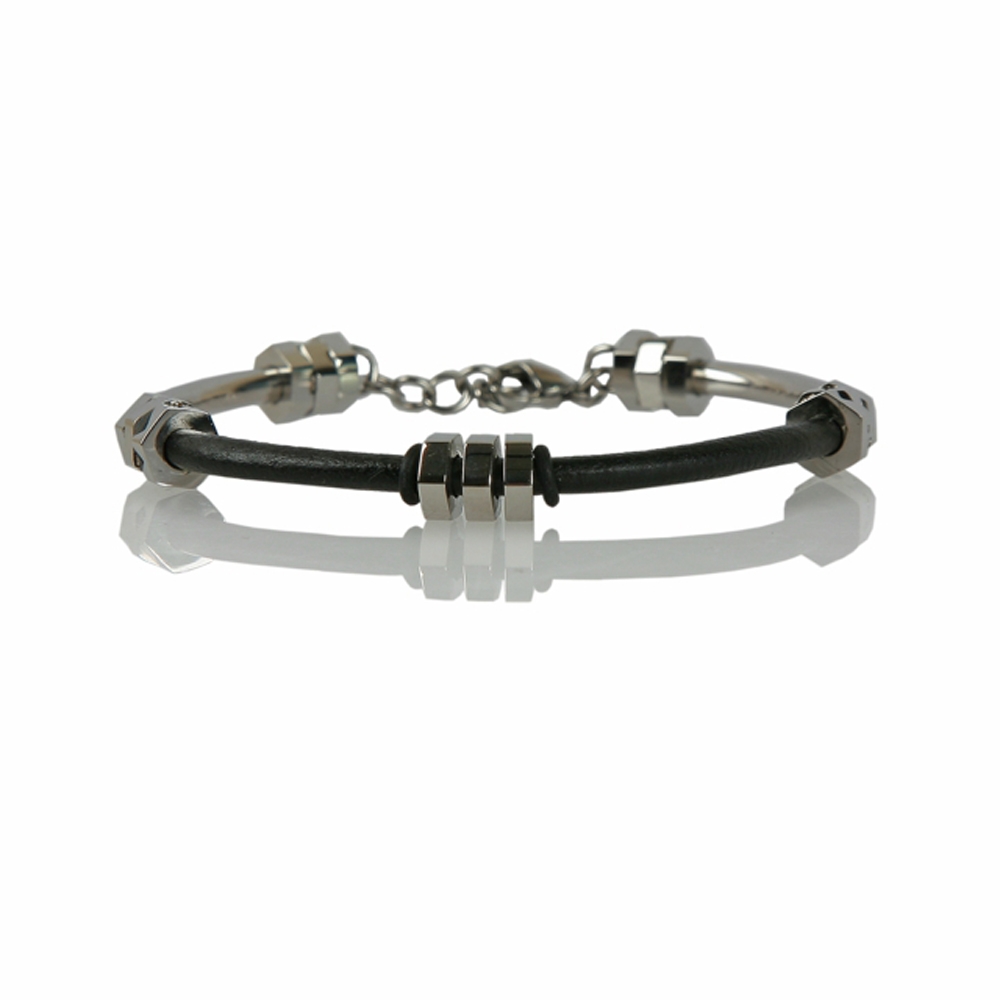 Black and Silver Leather and Steel Bracelet - Buttigo
