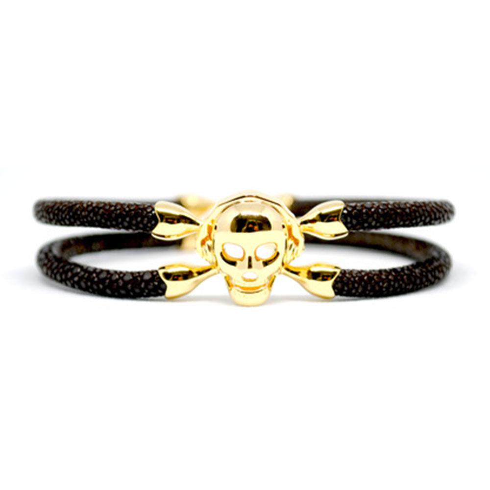 Skull Bracelet | Brown with Gold Skull | Double Bone