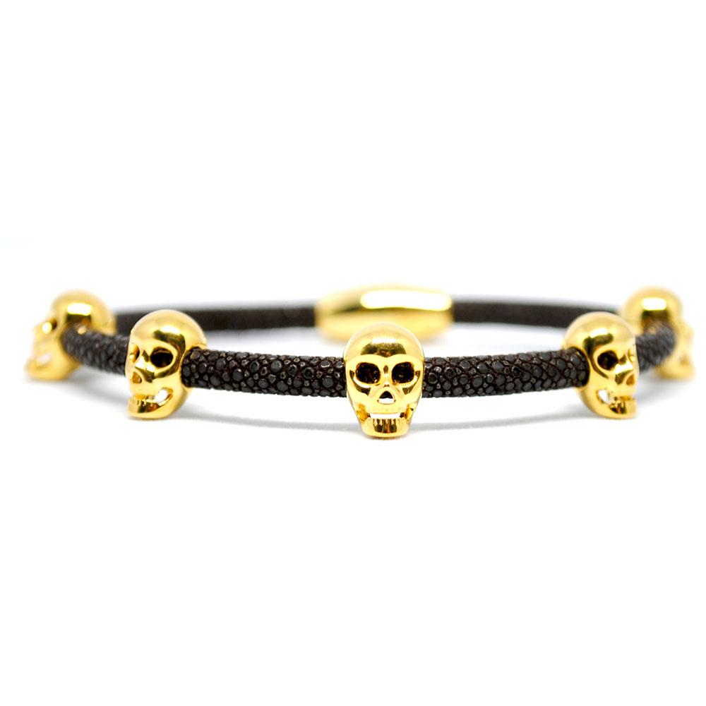 Skull Bracelet | Brown with Gold Skulls | Double Bone